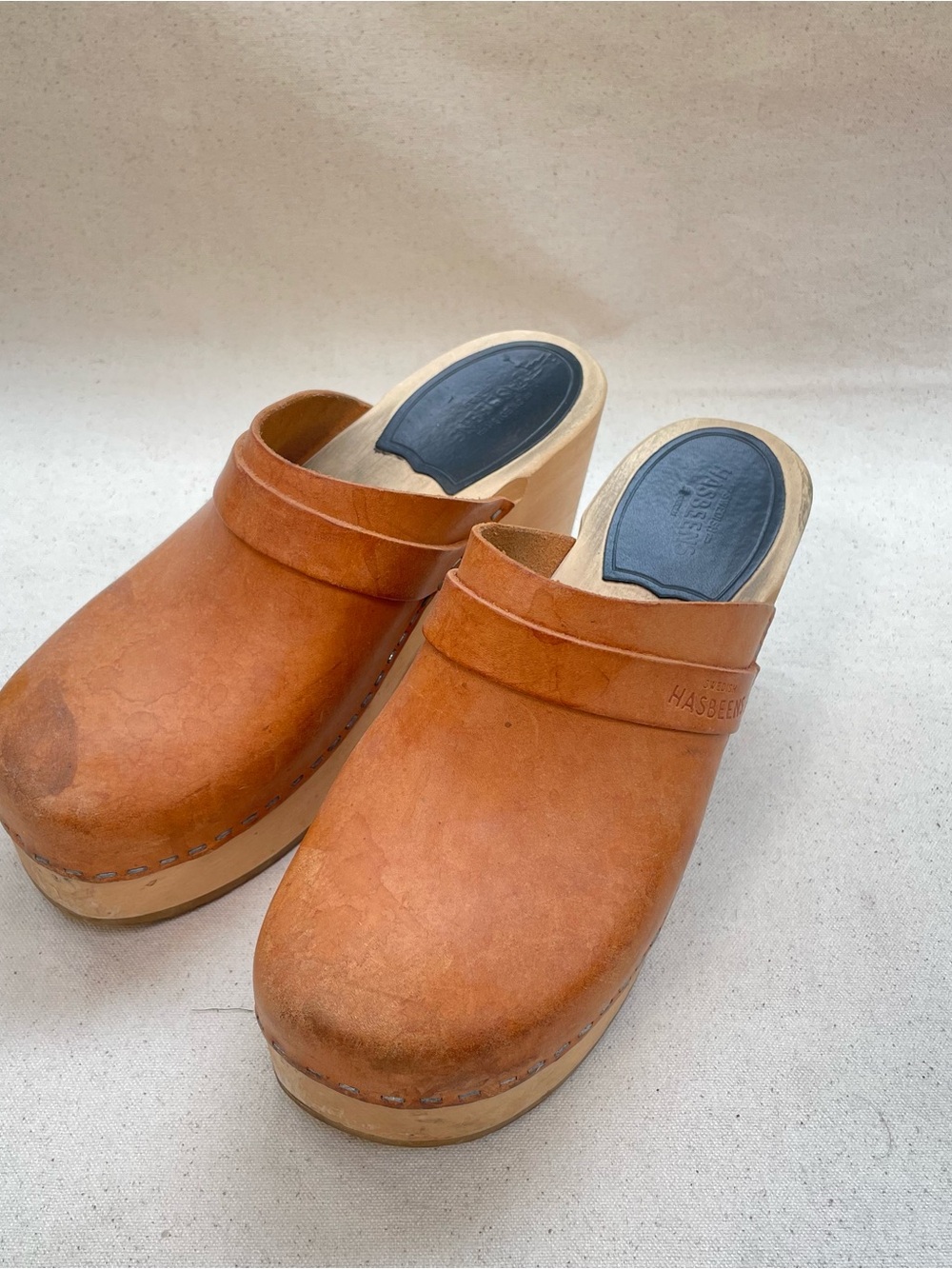 Swedish Hasbeens Sky High Tan Leather Clog Mules